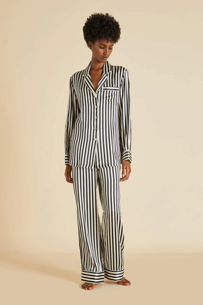 Olivia Von Halle Lila Nika Striped Silk Long Pyjama Set In Schwarz