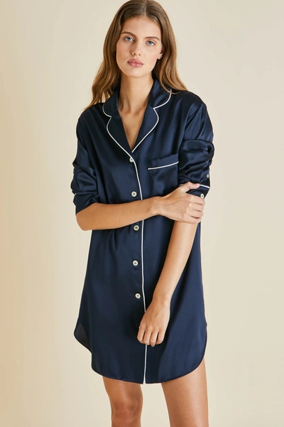 Olivia Von Halle Poppy V-neck Silk Nightdress In Navy