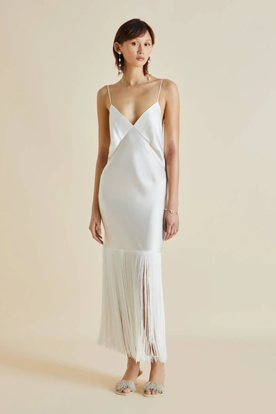 Olivia Von Halle Zoya Ivory White Silk Satin Fringed Slip Dress