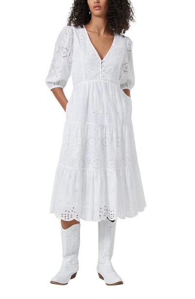 French Connection Cotton Midi Tea Dress In White Eyelet - White