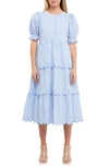 English Factory Puff Sleeve Tiered Midi Dress In Blue Stripe