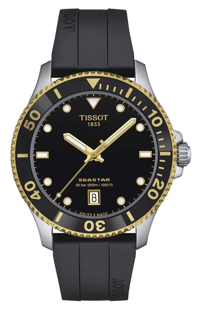 Tissot Men's Swiss Seastar 1000 Black Rubber Strap Watch 40mm In Black / Gold Tone / Yellow