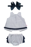 Rufflebutts Stripe Cotton Seersucker Swing Top, Bloomers & Headband Set In Blue