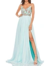 Mac Duggal Jewel Encrusted Thigh High Slit Gown In Blue