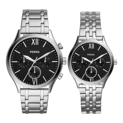 Fossil His And Her Fenmore Multifunction Silver-tone Stainless Steel Watch Gift Set, 44mm 36mm