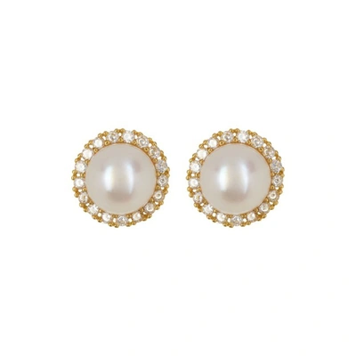 Adornia 14k Yellow Gold Plated Cz 5mm Freshwater Pearl Halo Earrings In White