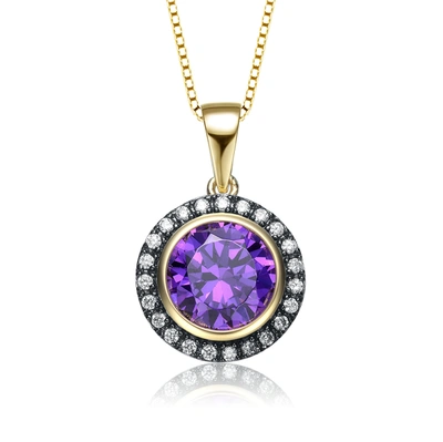 Genevive Yellow Gold Plated Round Purple Cubic Zirconia Pendant Necklace