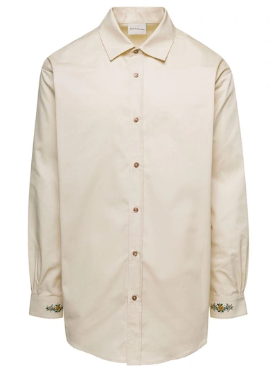 Drôle De Monsieur Beige Shirt With  Drôle Fleurie Embroidery On Cuffs And Back In Cotton Man In Neutrals