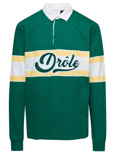 DRÔLE DE MONSIEUR GREEN LONG SLEEVED POLO SHIRT WITH DROLE PRINT IN COTTON MAN
