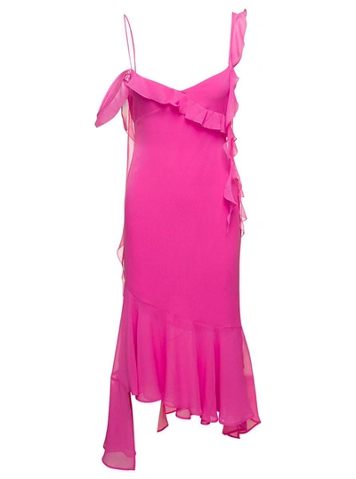 The Andamane Asymmetric Miranda Midi Dress With Ruffle-detailing In Pink Silk Woman In Flamingo Pink