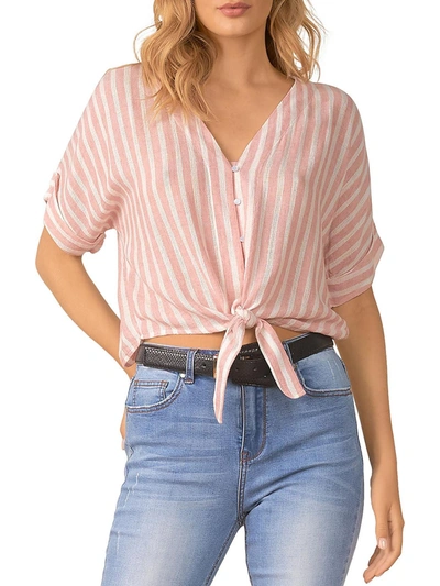 Elan Womens Button Up Tie Front Cropped In Pink