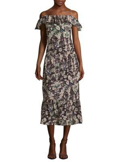 Iro Yonelia Off-the-shoulder Printed Voile Midi Dress In Beige Multi