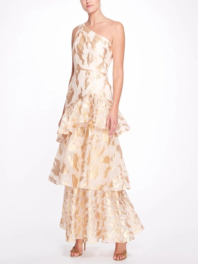 Marchesa One Shoulder Asymmetrical Tiered Gown In Champagne