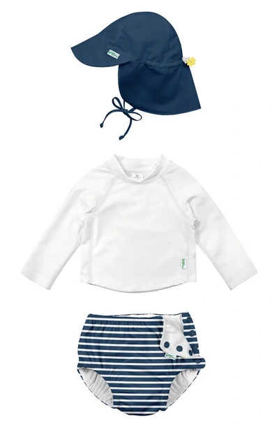Green Sprouts Baby Boys Or Baby Girls Snap Swim Diaper And Flap Hat Upf 50, 2 Piece Set In Navy Stripe