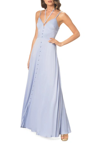 Dress The Population Mia Halter Tie Maxi Gown In Sky Blue