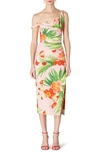 CAROLINA HERRERA FLORAL ONE-SHOULDER RUCHED STRETCH COTTON DRESS