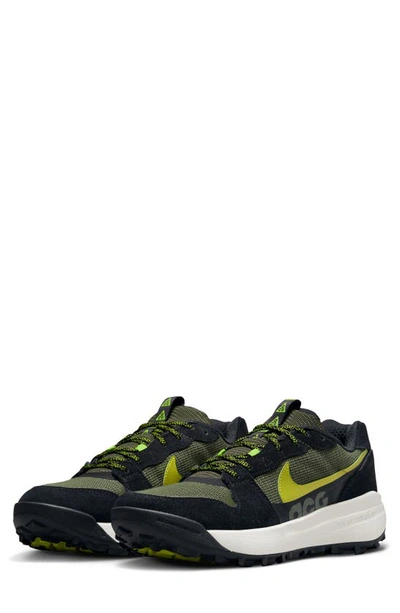 Nike Acg Lowcate Leather-trimmed Suede And Mesh Sneakers In Cargo Khaki/moss-black-brt Cactus-lt Silver