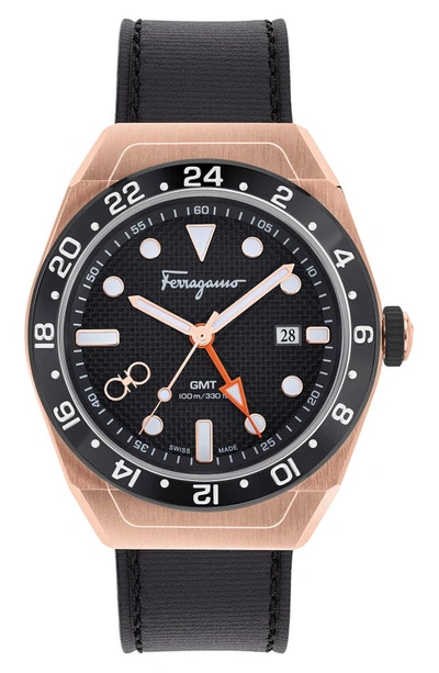 Ferragamo Slx Gmt Leather Strap Watch, 43mm In Rose Gold