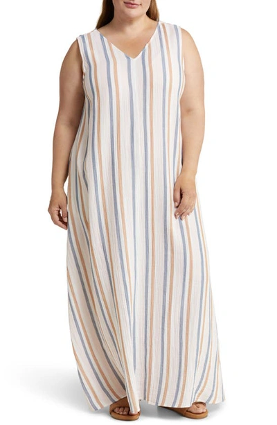 Caslon Sleeveless Tie Back Maxi Dress In Pink Lotus- Tan Napa Stripe