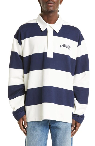 Ami Alexandre Mattiussi Stripe-print Logo Polo Shirt In White