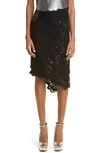 TOM FORD ASYMMETRIC GUIPURE LACE & CROC EMBOSSED LEATHER SKIRT