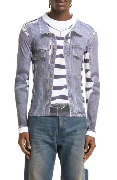 Y/project X Jean-paul Gaultier Trompe L'oeil Denim Jacket Top In Blue,white