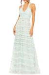 MAC DUGGAL FLORAL EMBROIDERED CRISSCROSS TIERED GOWN
