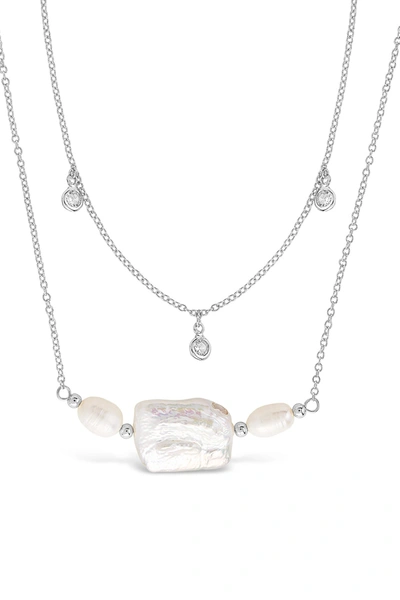 Sterling Forever Rhodium Plated Bezel Cz And Pearl Layered Necklace In Silver