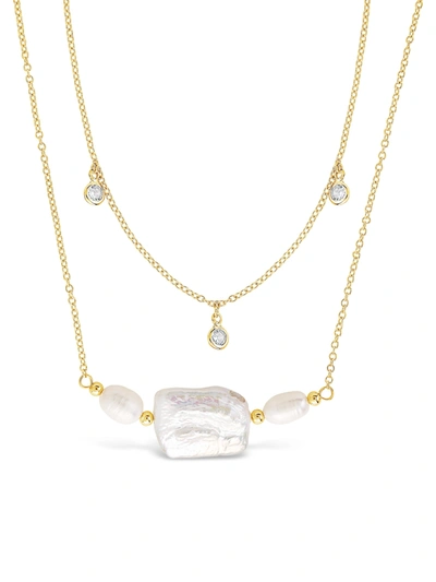 Sterling Forever 14k Gold Plated Bezel Cz And 9mm Baroque Pearl Layered Necklace