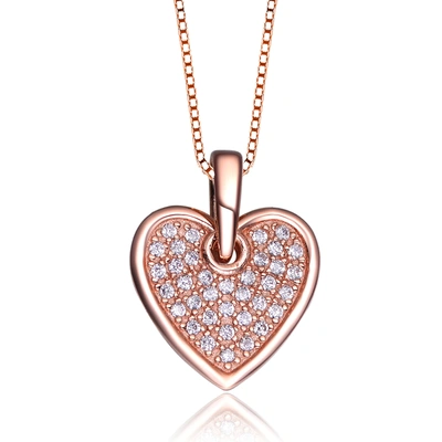 Genevive Rose Gold Overlay Cubic Zirconia Pave Heart Necklace In Silver