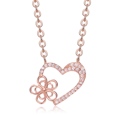 Genevive Rose-plated Sterling Silver Cubic Zirconia Heart And Flower Shape Necklace In White