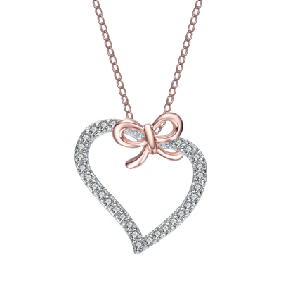 Genevive Rose-plated Sterling Silver Cubic Zirconia Heart And Bowtie Necklace In Pink