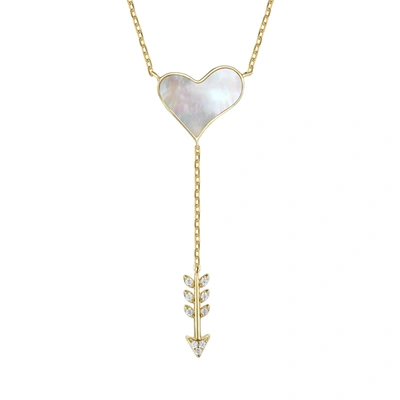 Rachel Glauber 14k Gold Plated Sterling Silver With Diamond Cubic Zirconia & Mother Of Pearl Cupid's Arrow Heart Y- In Blue