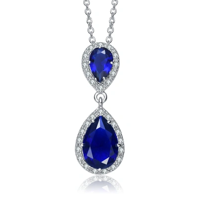 Genevive Sterling Silver With Rhodium Plated Two Sapphire Blue Pear With Round Cubic Zirconia Halo D