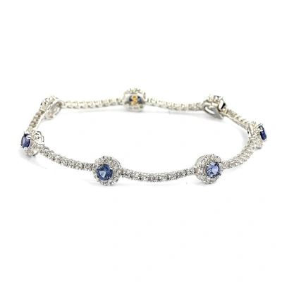 SUZY LEVIAN STERLING SILVER SAPPHIRE AND DIAMOND ACCENT FLOWER TENNIS BRACELET - BLUE