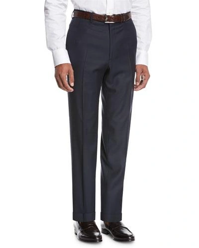 Brioni Phi Flat-front Wool Trousers, Navy