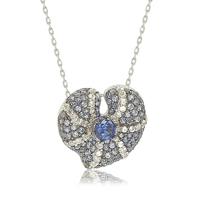 Suzy Levian Sterling Silver Sapphire And Diamond Accent Whimsical Heart Pendant Necklace In Blue