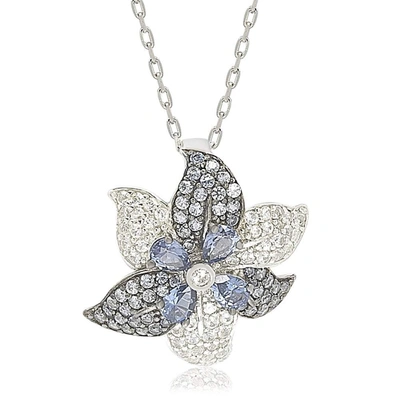 Suzy Levian Sterling Silver Sapphire And Diamond Accent Exotic Flower Pendant Necklace In Blue