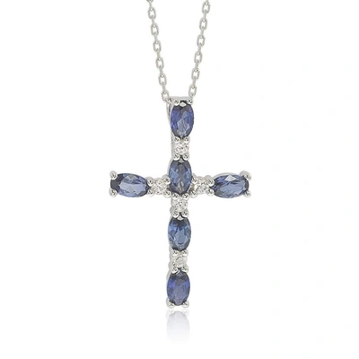 Suzy Levian Sterling Silver Sapphire And Diamond Accent Cross Pendant In Blue