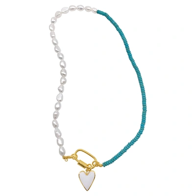 Adornia Turquoise And Freshwater Pearl Lock And Heart Pendant Necklace In Gold