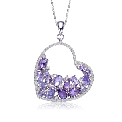 Genevive Sterling Silver With Rhodium Plated Purple Oval With Clear Round Cubic Zirconia Open Heart
