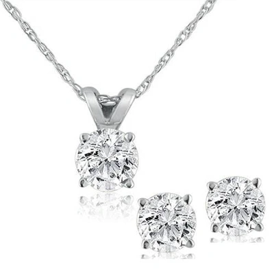 Pompeii3 1/2 Ctw Diamond Solitaire Necklace & Studs Earrings Set 14k White Gold In Silver