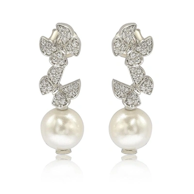 Suzy Levian Sterling Silver Pearl And White Sapphire Butterfly Earrings In Blue