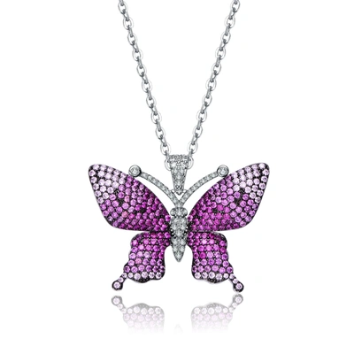 Genevive Ruby Cubic Zirconia Butterfly Pendant Necklace In Silver
