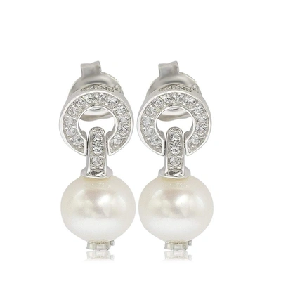 Suzy Levian Sterling Silver Pearl & White Sapphire Circle Earrings In Blue