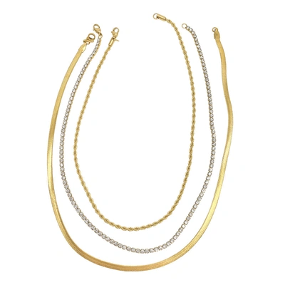 Adornia Herringbone Chain, Rope Chain, And Tennis Necklace Set Gold In White