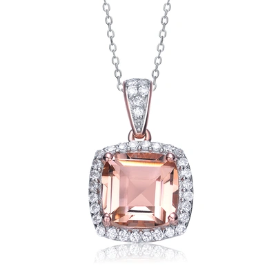 Genevive Sterling Silver Rose Gold Plated Morganite Cubic Zirconia Halo Drop Necklace In Pink