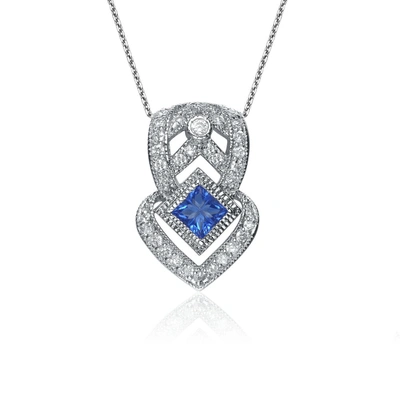 Genevive Sterling Silver Sapphire Cubic Zirconia Pave Pendant Necklace In Blue