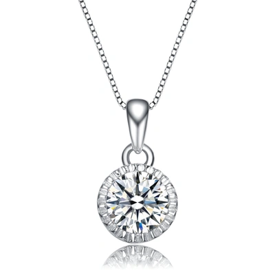 Genevive Sterling Silver Round Clear Cubic Zirconia Accent Pendant Necklace In White