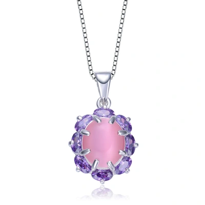 Genevive Sterling Silver Purple Cubic Zirconia And Pink Glass Oval Necklace